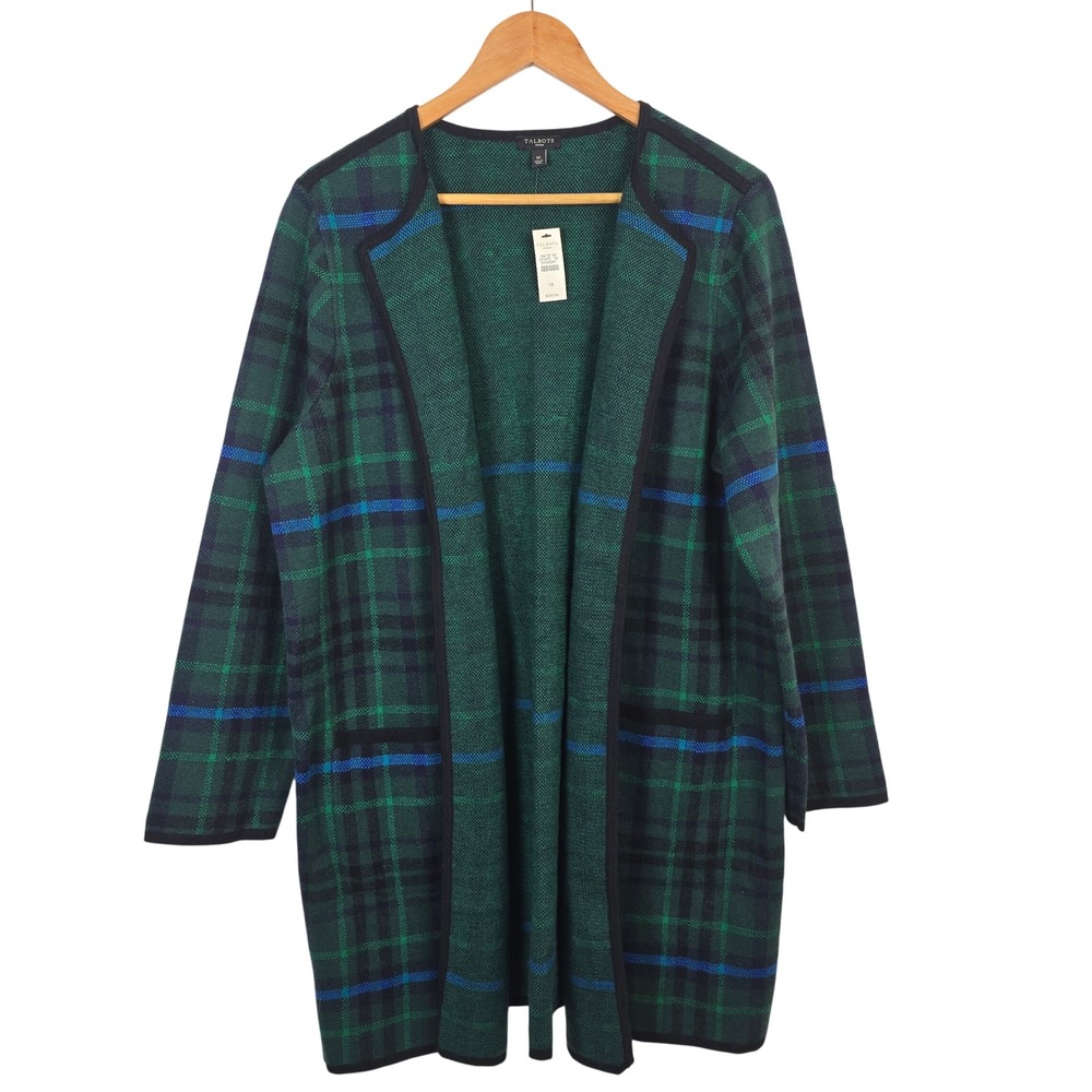 Talbots Woman Green Blue Plaid Open Front Cardigan Sweater 1X NWT